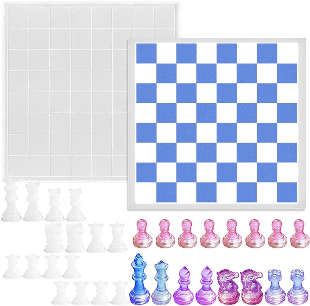 Set vormen voor schaakstukken uit hars, 1 stuk schaakbord, siliconen spelvorm en 16 stuks 3D schaakstukken, vormen voor het gieten van hars, voor het maken van sieraden, familiefeesten en