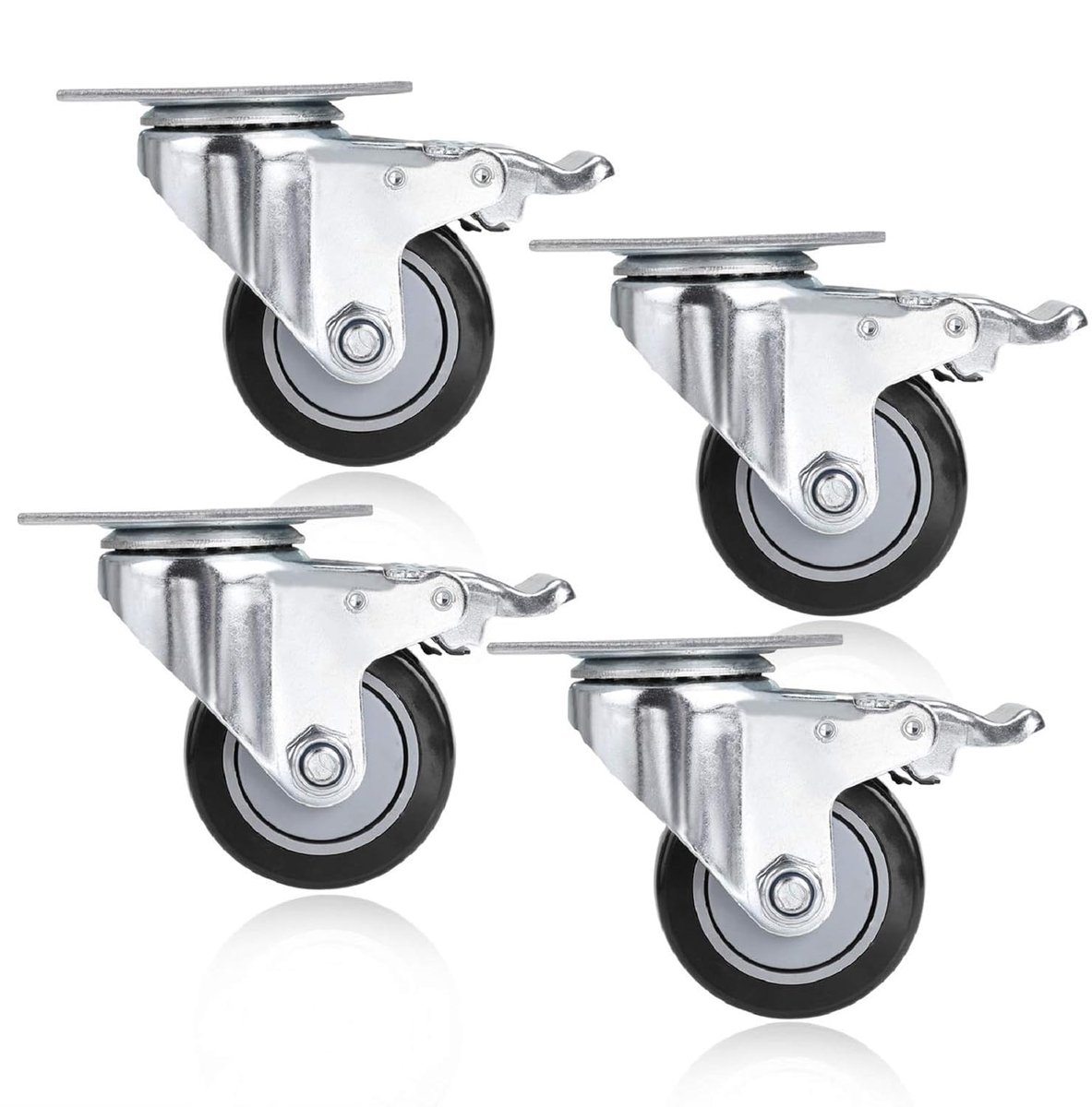 Zwenkwiel met rem, 75 mm, rubberen wielen voor max. 400 kg, 4 stuks, zwart