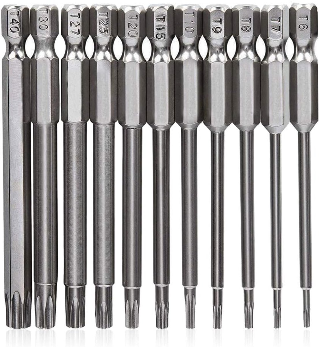 Schroevendraaierset, T6-T40, torx-bits, magnetisch, S2 staal, 1/4 inch zeskantige schacht (100 mm lang)