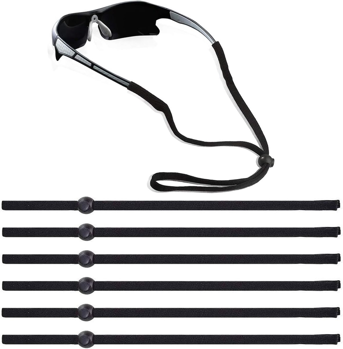 6 stuks verstelbare brillenband, antislip brillenband, universele band voor sportbrillen en zonnebrillen, voor dames, heren, kinderen (zwart), Zwart, Eén maat