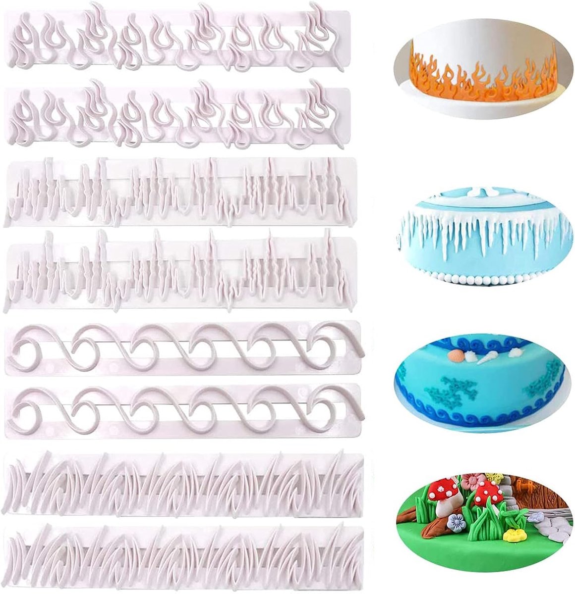 Vlam Cake Mallen 8 Stuks Fondant Embossing Mold Plastic Cookie Cutters voor Bakken (QNBB008)
