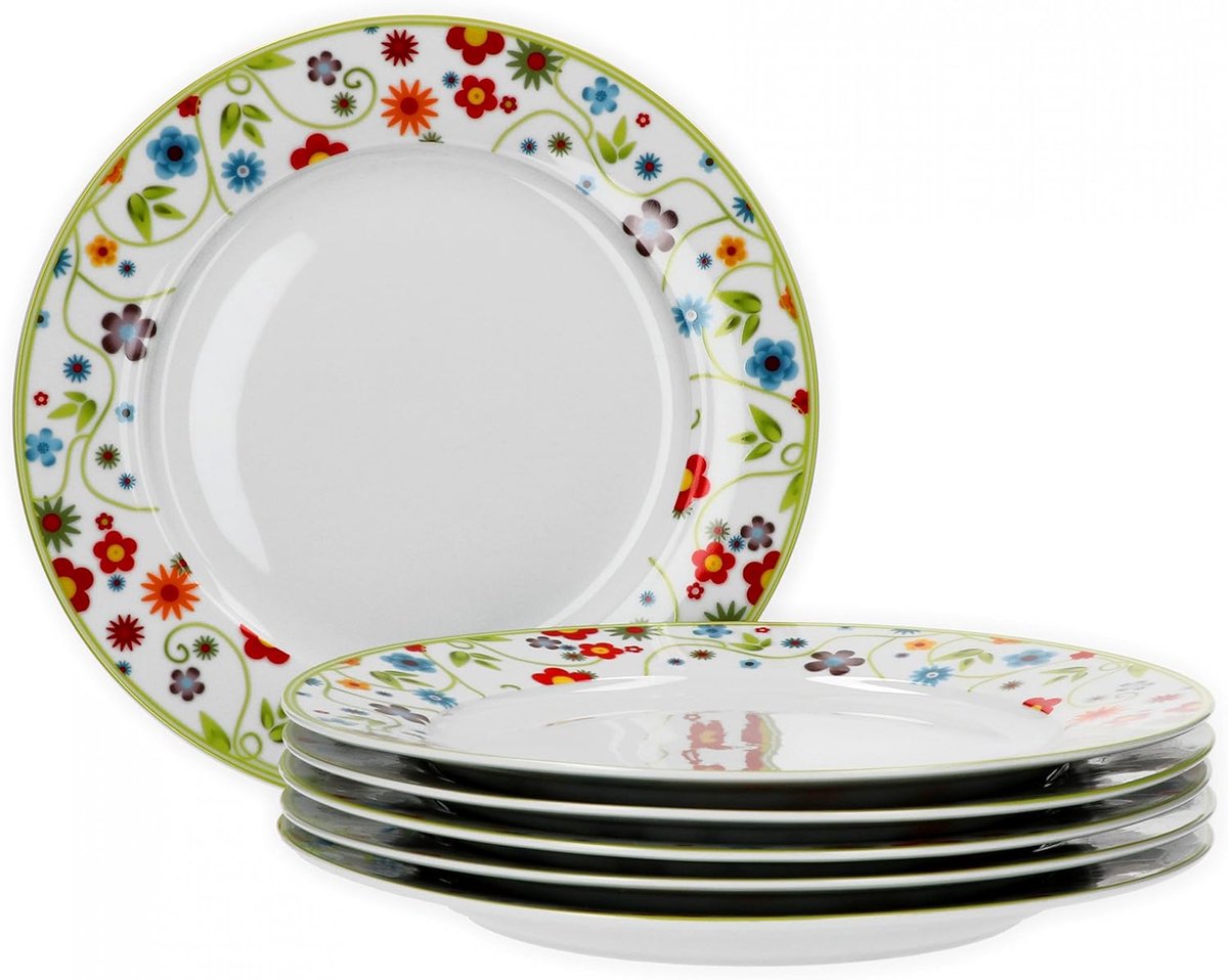 Well Vario platte bordenset, 6-delig, tafelservies voor 6 pers., platte borden Ø 26,5 cm, porseleinen servies wit met Flower Design, magnetronbestendig