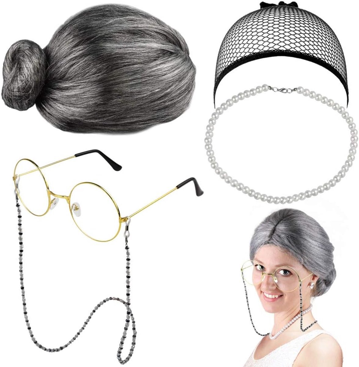 5-delige set oud dametje oma-pruiken zilver grootmoeder pruik oma pruik kostuum oud dametje mooie kleding cosplay set pruiken hoofdband/Madea grootmoeder brillen/bril kettingen/parelkettingen