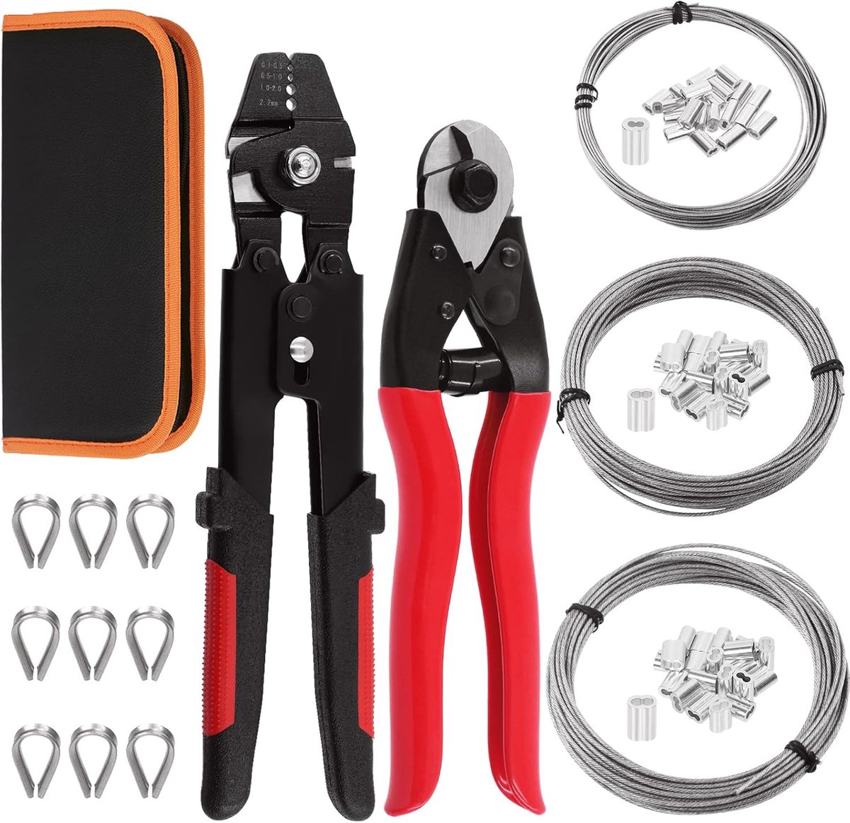 165 stuks beroep tot 2,2 mm draadkabel krimpgereedschap en kabelsnijder, aluminium dubbele krimplus mouw met roestvrijstalen vingerhoed en 3 maten draadkabel assortiment kit voor draadkrimpen