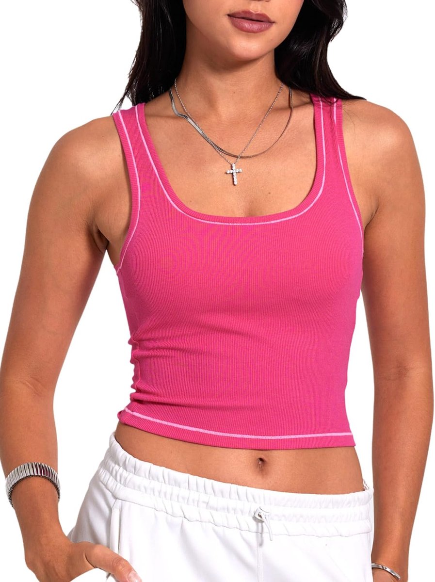Geribde tanktop voor dames, gewatteerde sporttop, crop-top met vierkante hals, getailleerde basic cami-top