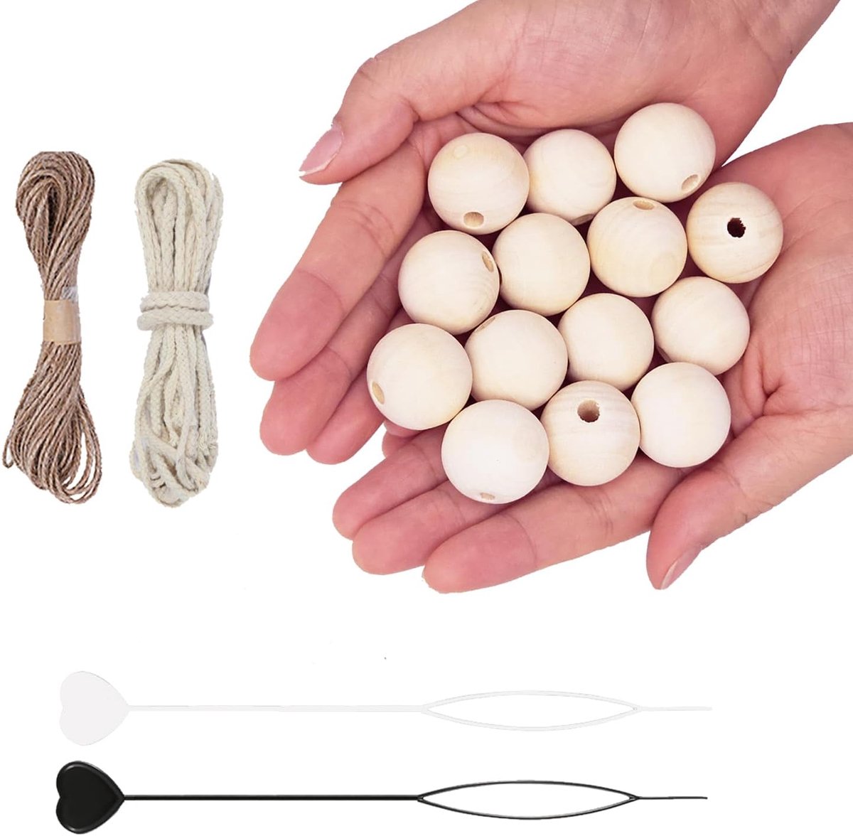 Kralen met gat 25 mm, 60 stuks houten kralen om te rijgen, met twijnperforator. Natuurlijke ronde onbehandelde houten kralen voor doe-het-zelf sieraden, decoraties, halskettingen