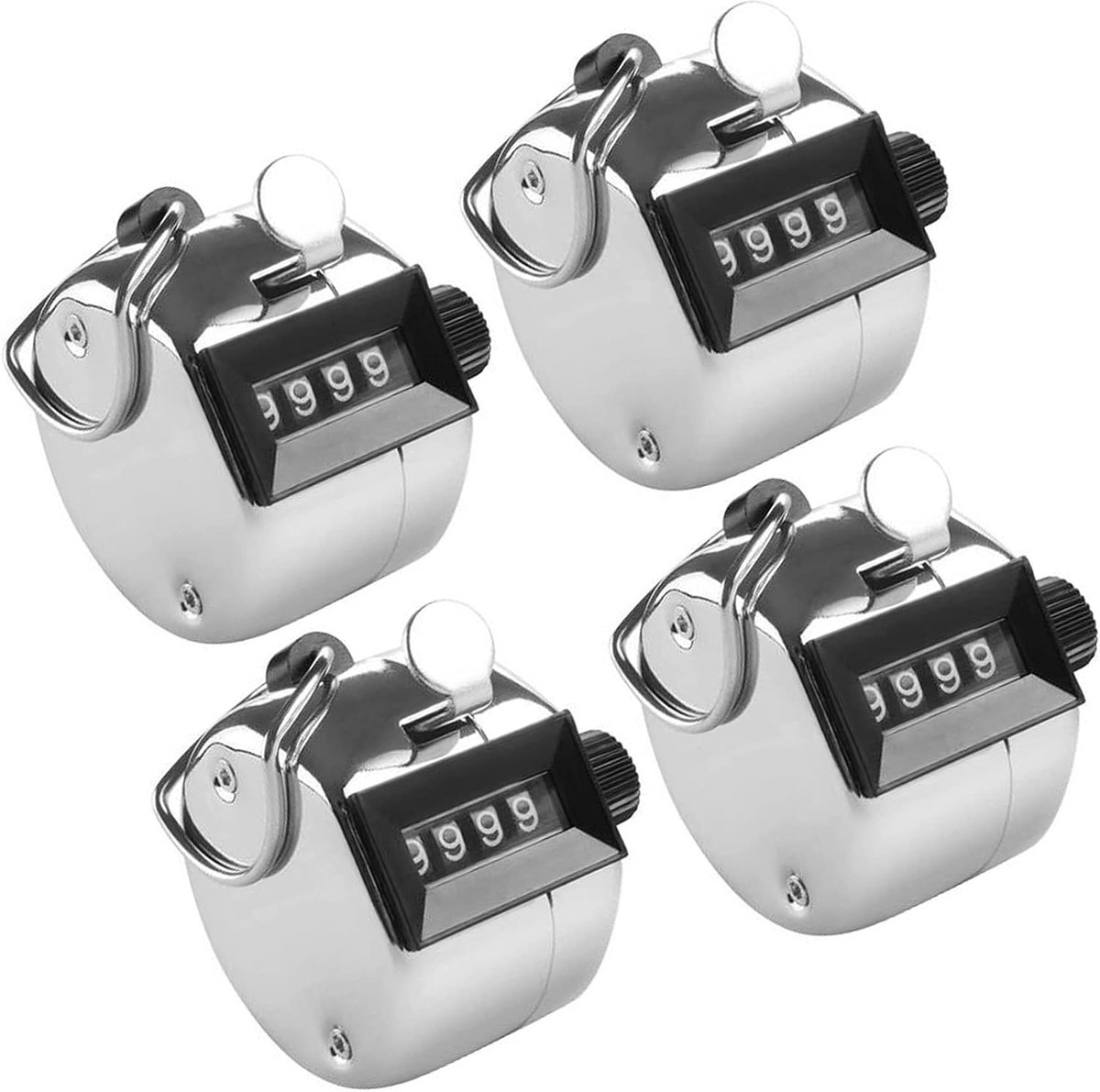 Clicker, stappenteller, 4 stuks, mechanische hoeveelheidsmeter zonder batterijvoeding, metalen behuizing met ring voor vingerhoud, handteller van metaal, mechanische teller, hoeveelheidsmeter