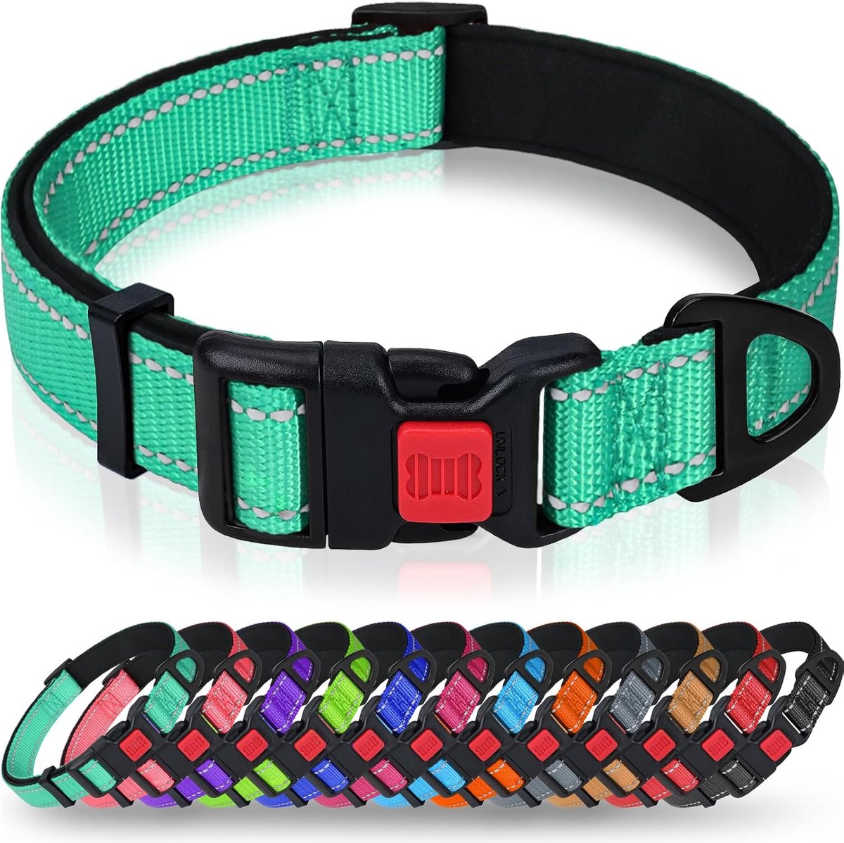 Reflecterende nylon hondenhalsband met veiligheidsgesp, verstelbare halsband, zachte neopreen voering, voor extra grote honden, turquoise