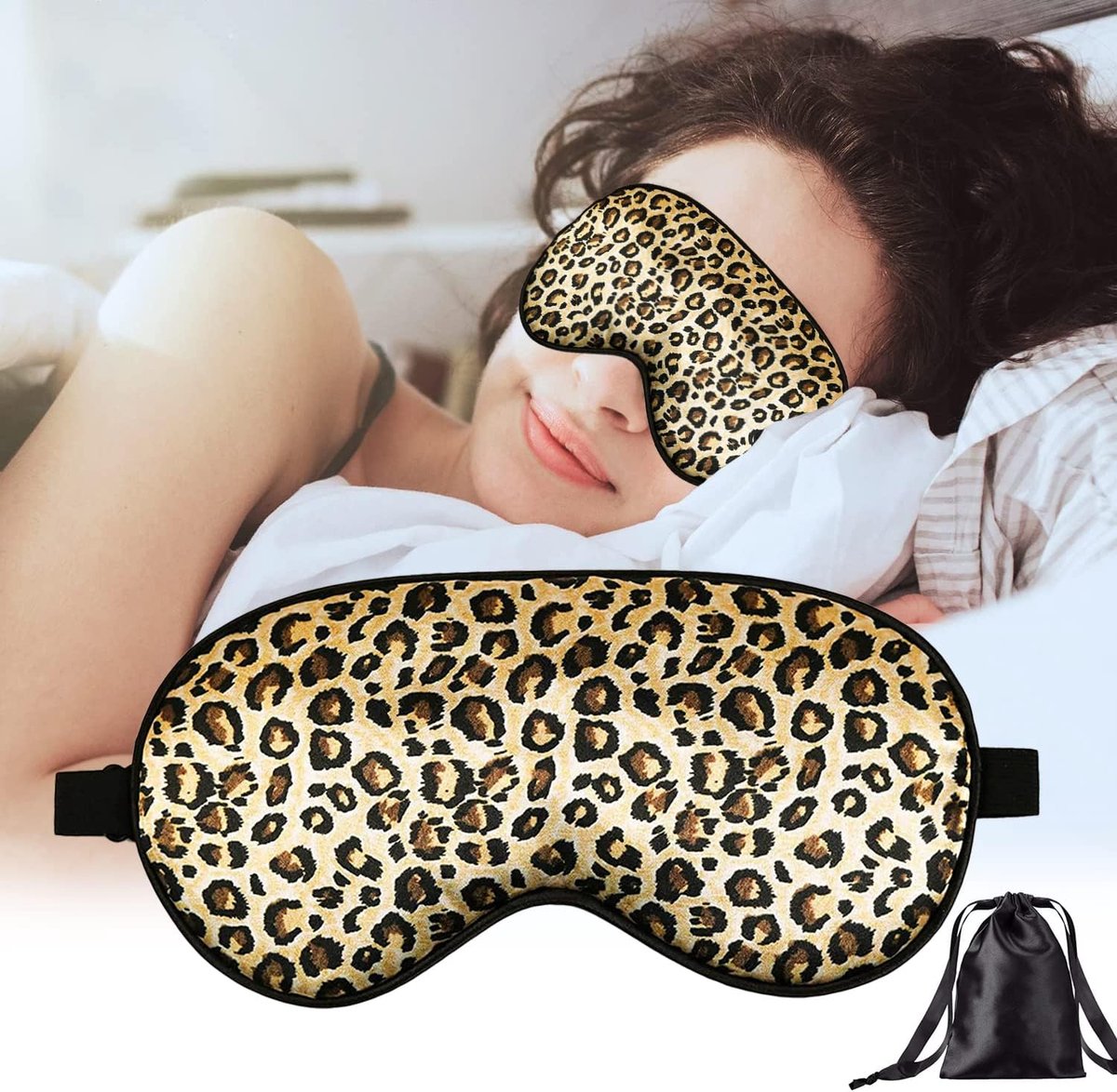 moerbeizijde oogmasker, luipaardzijde slaapmasker, 100% pure zijde, zacht, huidvriendelijk, blokkeert licht slaapmasker met verstelbare riem voor vrouwen