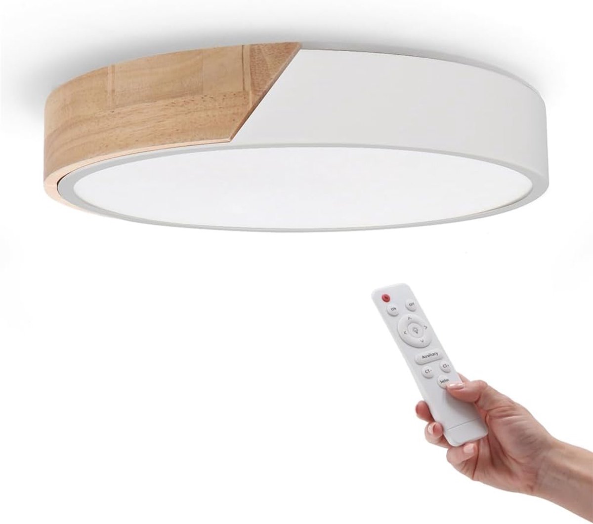 LEDME LM8284 Led-plafondlamp, rond, wit, 24 W, met afstandsbediening, dimbaar, 2700 K-6500 K, koud wit tot warm, 2400 lm, wit design met natuurlijk hout, voor badkamer, keuken, balkon, LM8284