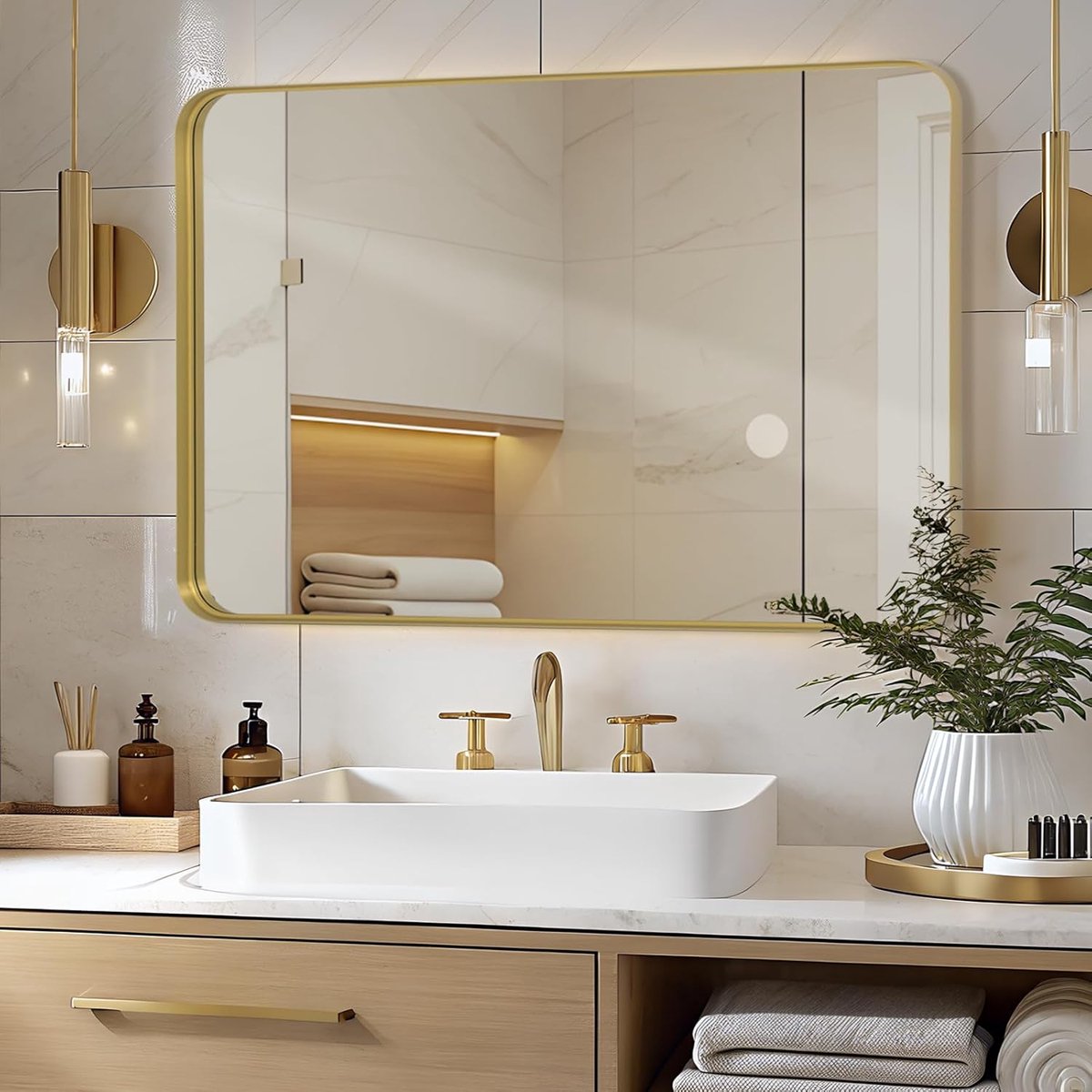 Wandspiegel 75x100 CM Muurmontage Badkamer Make-upspiegel Schaduwdoos Gouden Lijst Wanddecoratie Rechthoek Hangende Muurspiegel met Afgeronde Hoeken voor Hal Entree Woonkamer Slaapkamer