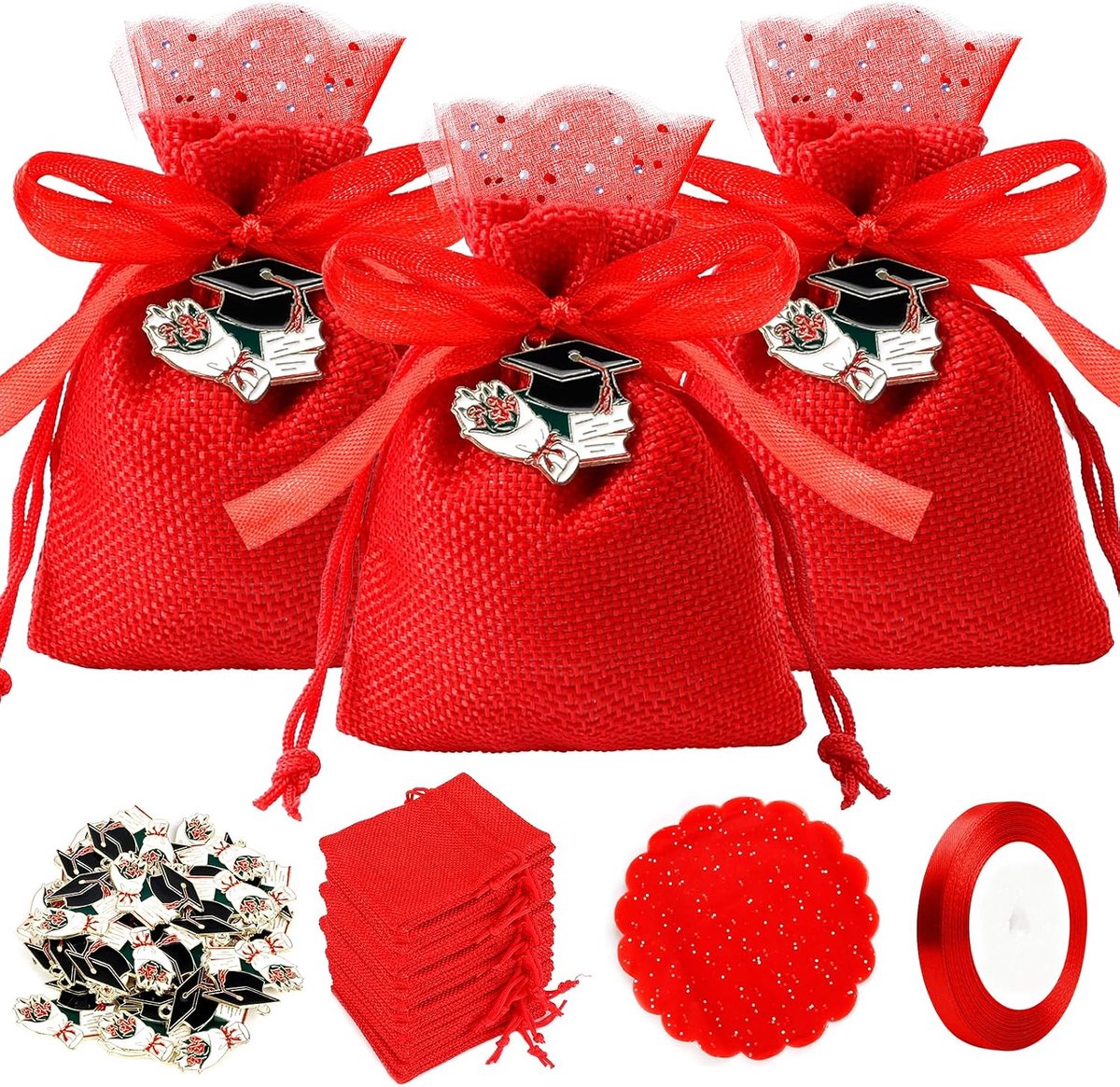zakken, rood, 30 stuks, met afstudeermuts en rood satijnen lint, trekkoord voor eindejaarsfeest, Kerstmis (10 x 8 cm)