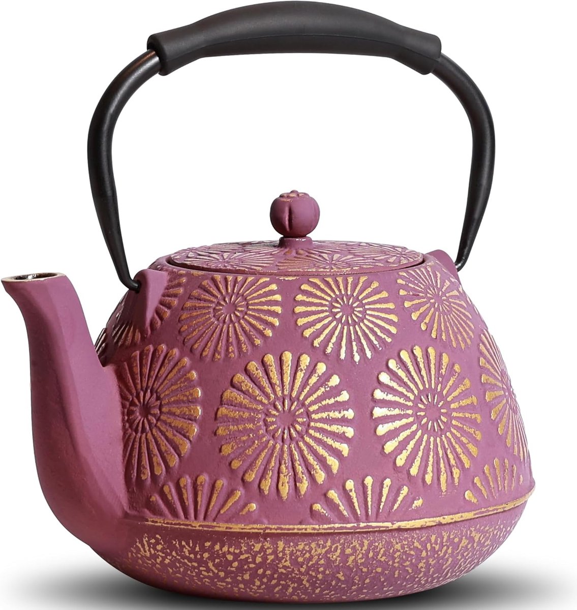 theepot, 1200 ml grote capaciteit theeketel met infuser voor op het fornuis, Sakura Design Japanse theepot voor losse thee gecoat met geëmailleerd interieur, siliconen handvat