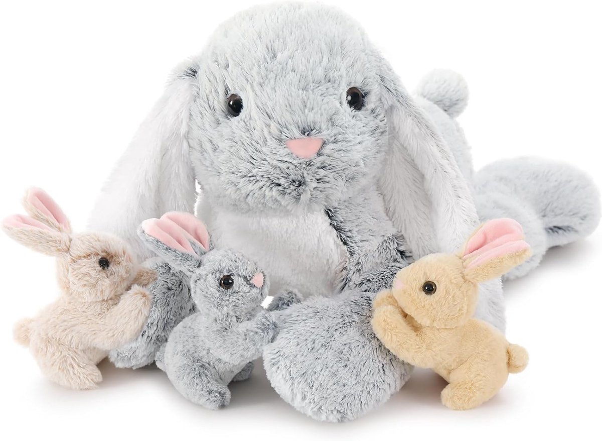 Pluche reuzenkonijn, 60 cm, mama, konijn met 3 Kawaii baby, zachte paasbunny teddy pluche speelgoed, reuzendieren, cadeau voor kinderen, vriendin, Kerstmis, verjaardag