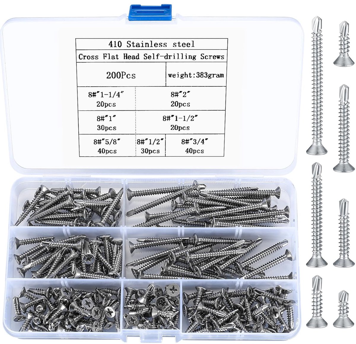 Zelfborende schroeven set, Kruiskop Plattekop Houtschroeven, RVS Zelftappende schroeven met Boorkop, Verzonken metalen schroeven - M4.2 * 13mm/16mm/19mm/25mm/32mm/38mm/50mm