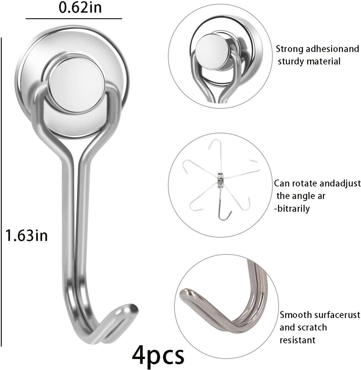 Magneet met haken, magneethaken, 4 stuks magneethaken, magneethaken voor keuken, magnetische haken voor koelkast, magnetische haken voor keuken, draaibaar, draaibare magneet met haak, zilver