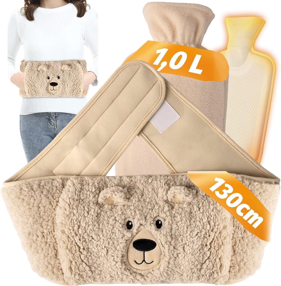 1 liter, met riem van 128 cm, 3-in-1 draagbare warmwaterkruik van natuurlijk rubber, lekvrij met deksel, afneembaar voor reiniging, perfect voor rug, buik en nek