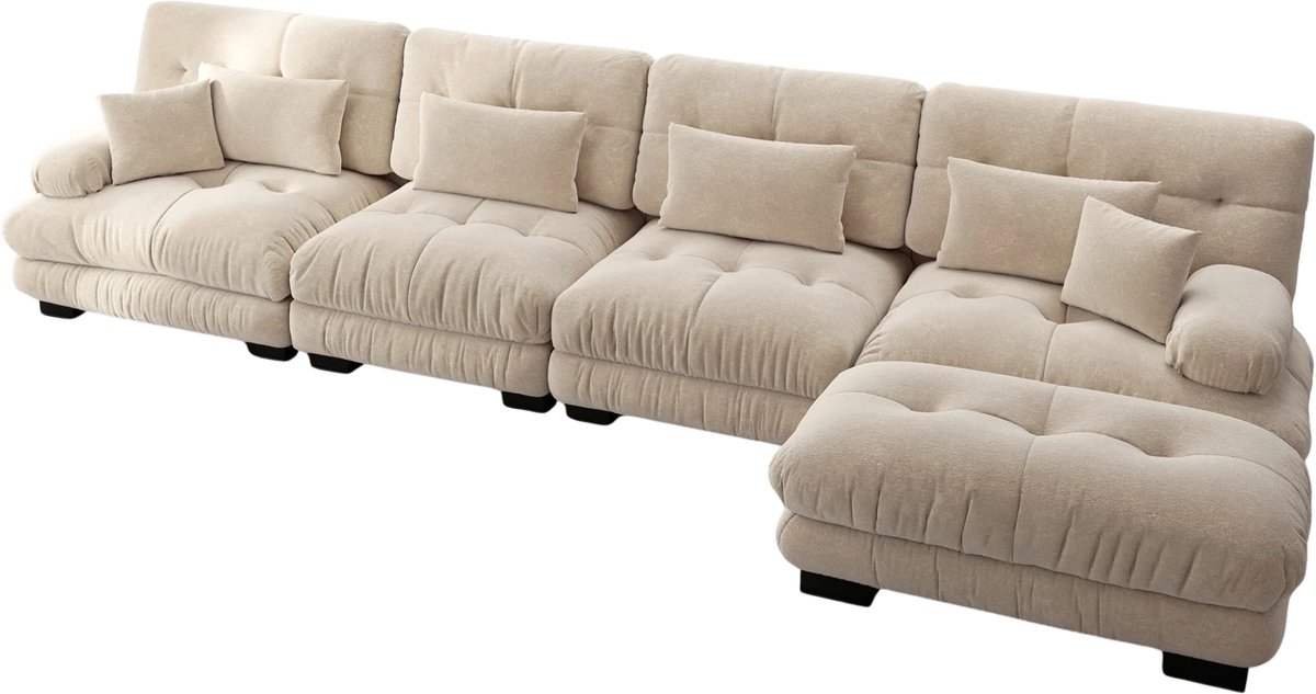 Solayne Bank - Sofa - Zitbank - Loungebank - Vierzitsbank - Vierzit zetel - Chenille - Modern - 406x145x81 cm - Licht bruin