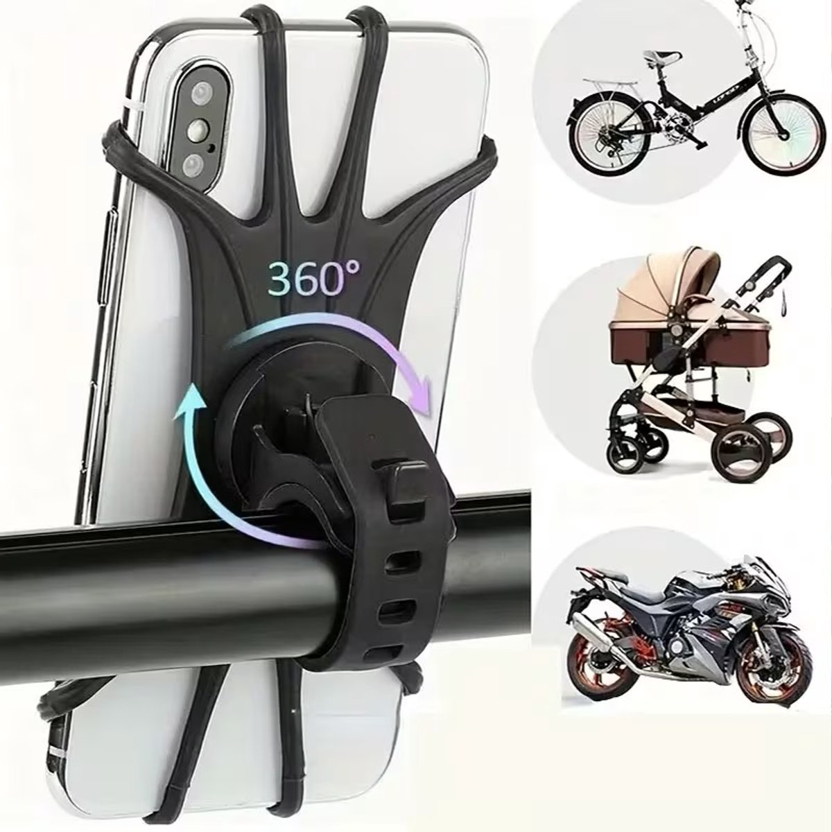 Telefoonhouder Fiets en Kinderwagen - Universele Siliconen Stuurhouder 360 Graden Draaibaar - Geschikt voor Smartphone 4.0 t/m 6.5 inch - Zwart