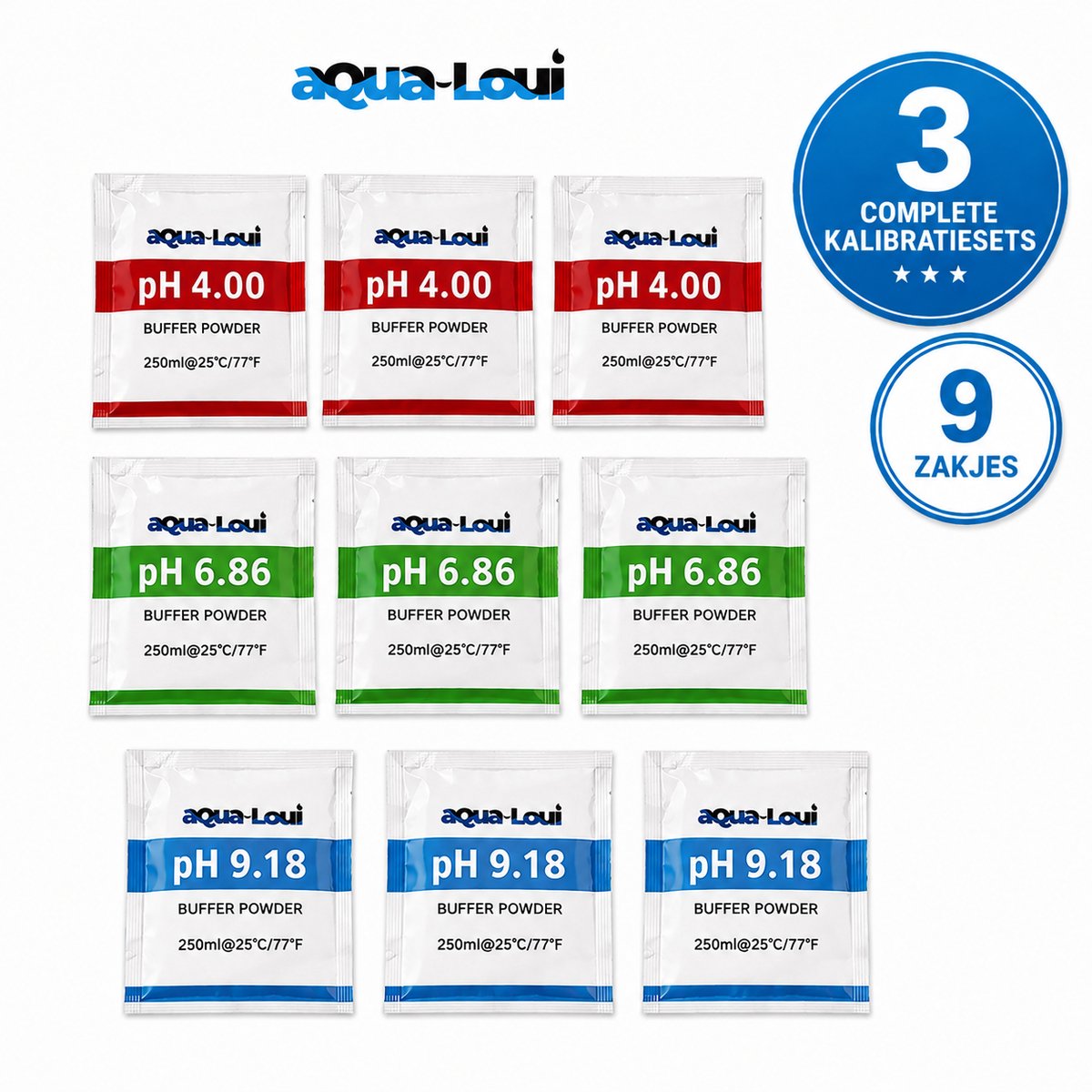 Aqua-Loui® pH Kalibratiepoeder - 3 Complete Kalibratiesets (9 Zakjes) - pH 4.00, 6.86 & 9.18 - Voor het Kalibreren van pH Meters