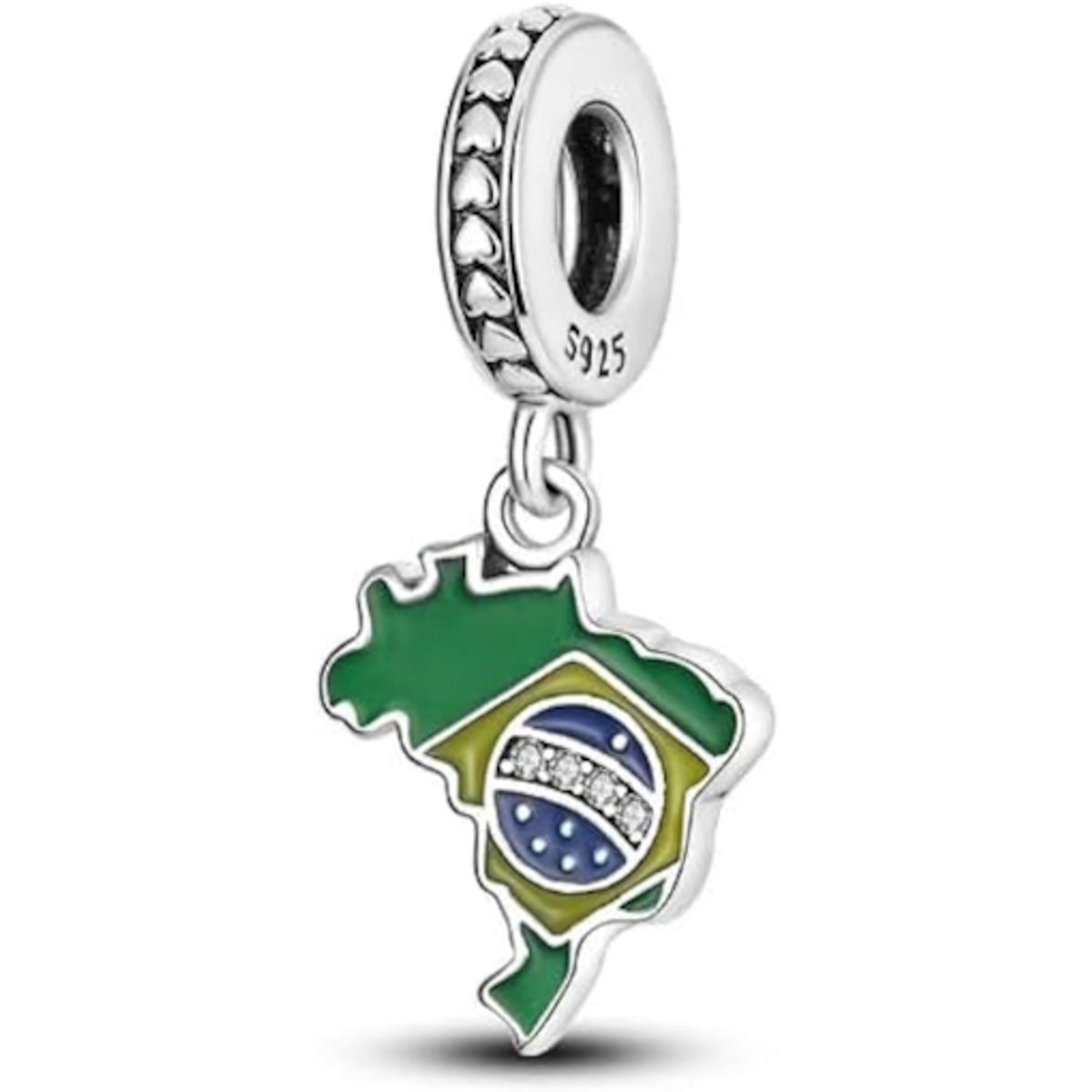Fler® | Bedel | Past op populaire bedelarmbanden (standaard - 3mm) | Brazilië Kaart Bedel | Hangbedel Charm | 925 sterling zilver | Groene, blauwe, gele & witte emaille | Valentijnsdag Cadeau | Sinterklaas kado | Kerstcadeau | Verjaardagsgeschenk