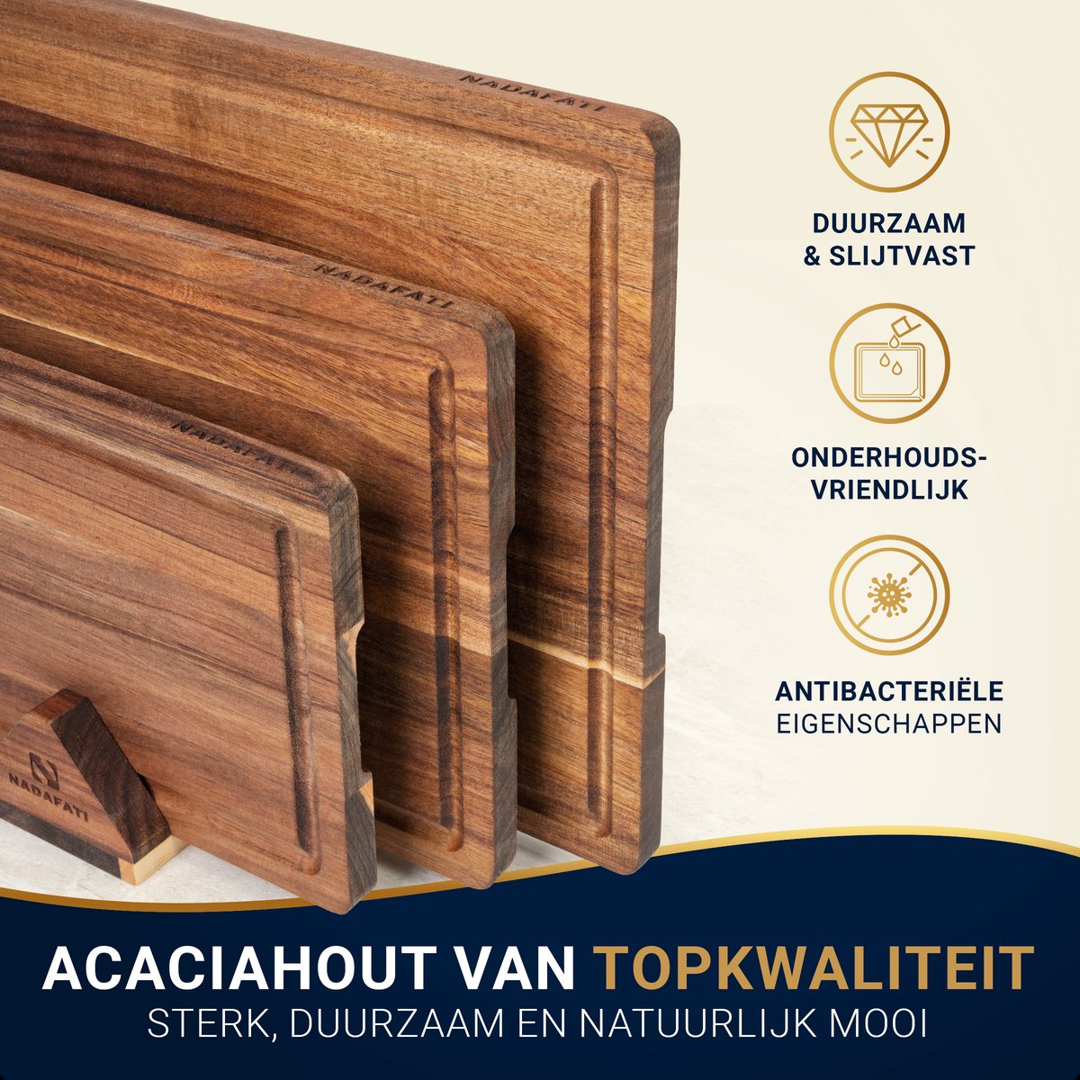Nadafati Premium Massief Acacia Houten Snijplankenset met Houder - 3 Houten Snijplanken - Dubbelzijdig - Met Sapgeul - Hakblok - Serveerplank - Borrelplank - Tapasplank - Kaasplank - Broodplank - Snijplank van Acaciahout — cadeau in Kookcadeaus - foto 2