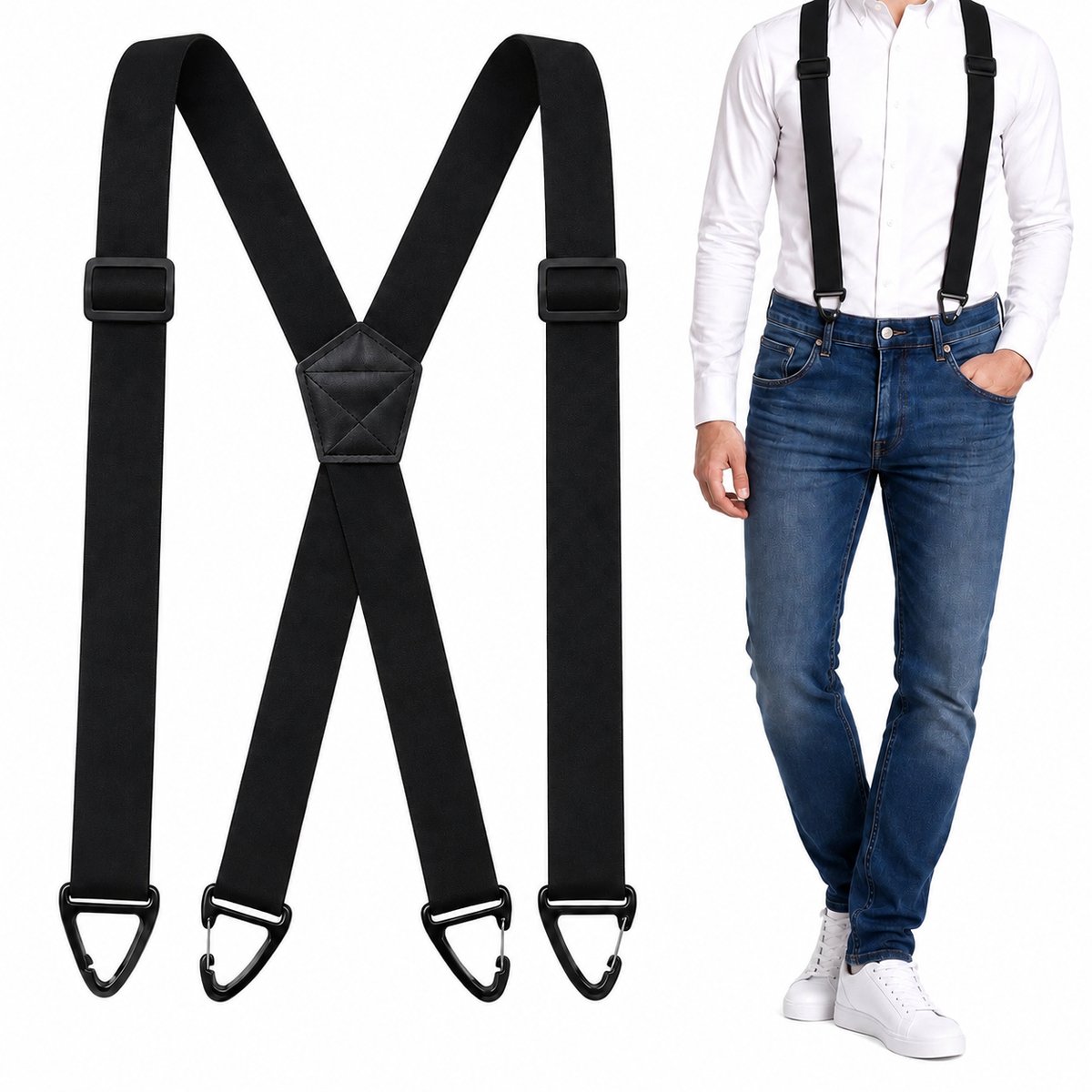 BZNDR® Bretels - Extra Stevig 4 Haakvormige Clips - Bretels Heren Volwassenen - Bretels Dames- Stijlvol & comfortabel - Zwart