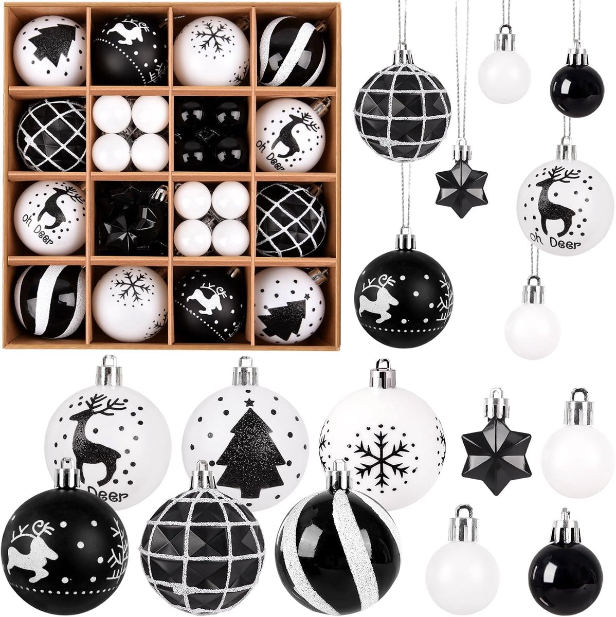 Kerstballen Zwart-Wit, 3/6 cm Kerstballen Onbreekbaar Kerstboomballen Mini Kerstboomversiering met Verpakking Dennenboomballen Kerstboomversiering voor Buiten en Binnen