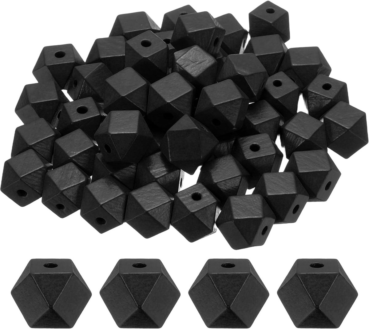 50 stuks 20 mm zwarte geometrische houten kralen met groot gat, 3,3 mm groot gat, polygoon, losse spacer-kralen van hout voor het maken van sieraden, halskettingen, handwerk, macramé