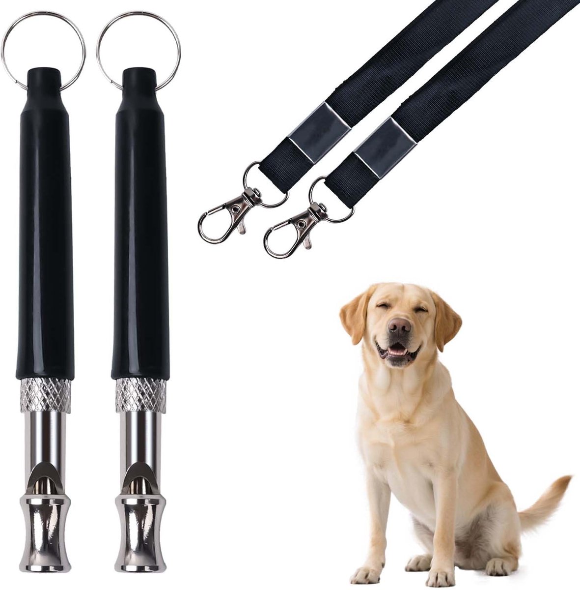 Set van 2 verstelbare trainingsfluitjes voor honden met koord, stille fluitjes met hoge frequentie voor terugroepen en blafcontrole (zwart)