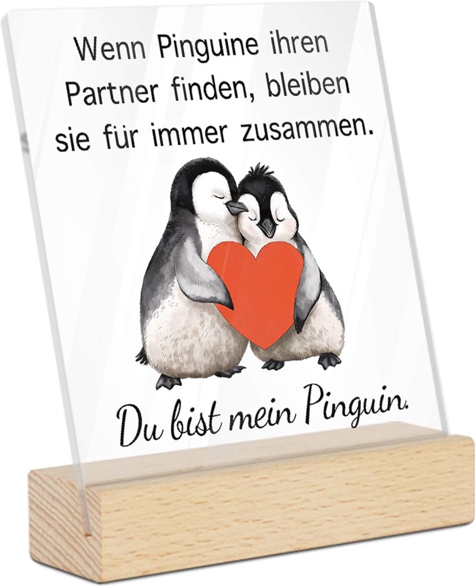 Decor Acryl bord met houten sokkel - "Du bist mein Pinguïn" - romantische pinguïn-liefdesboodschap voor partner, jubileum of Valentijnsdag, decoratief cadeau
