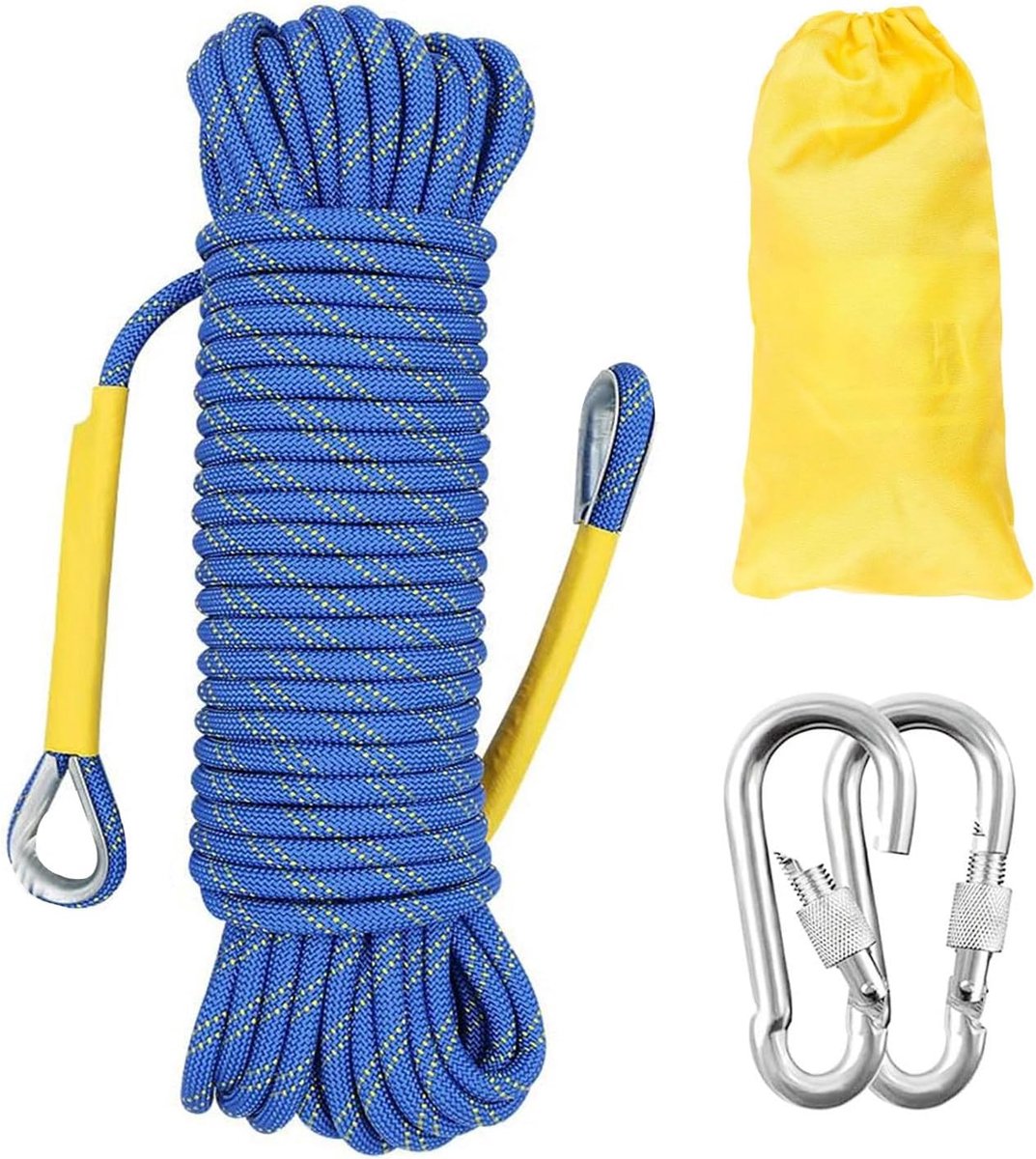 12mm Outdoor Touw Statisch Klimtouw 10m Brandredding Parachutetouw Gevlochten Nylon Touw Met 2 Stalen Haken Wandelen Buiten Klimmen Sport Kamperen