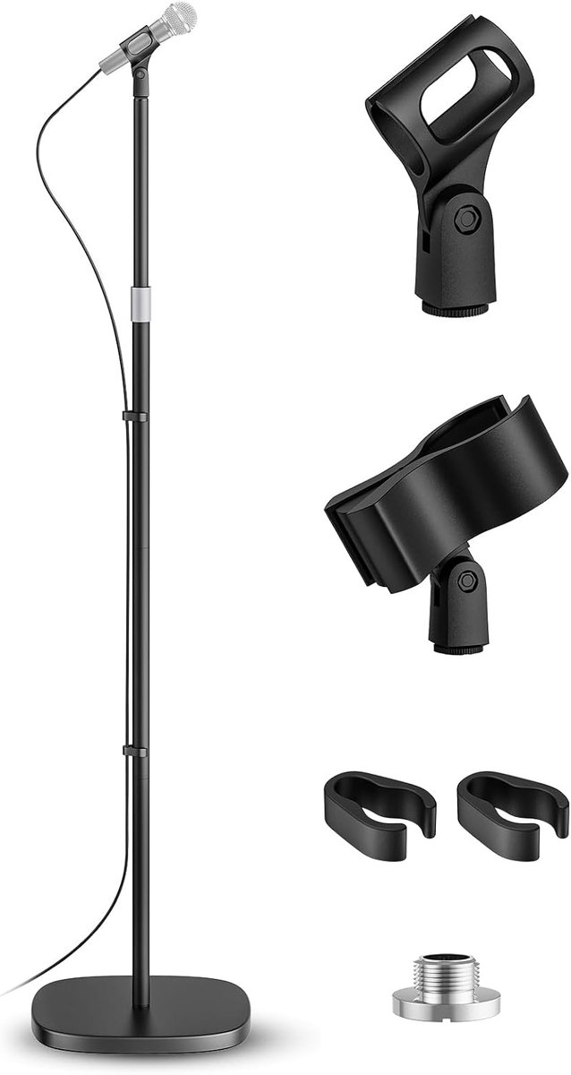 universele afneembare microfoonstandaard met compacte verzwaarde basis, in hoogte verstelbaar van 62 inch tot 67 inch, 2 universele microfoonclips voor Blue Yeti/Shure SM7B