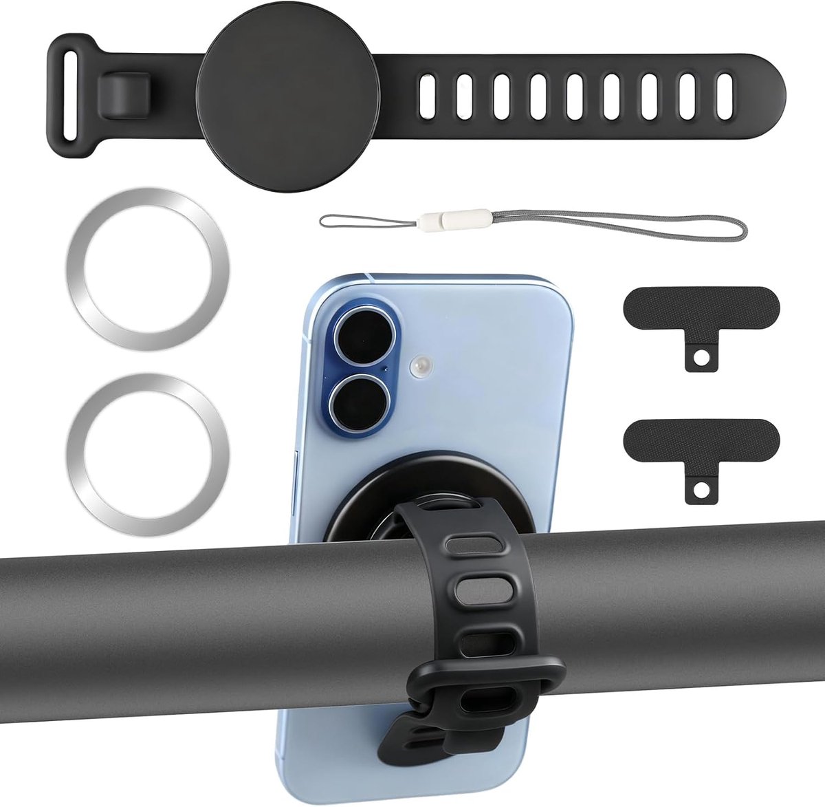 Telefoonhouder, 360° Verstelbaar, Kinderwagen Fiets Stuur | Compatibel met iPhone 17/16/15/14/13/12, universele houder met siliconen antislipriem voor sportschool, loopband en fietsen