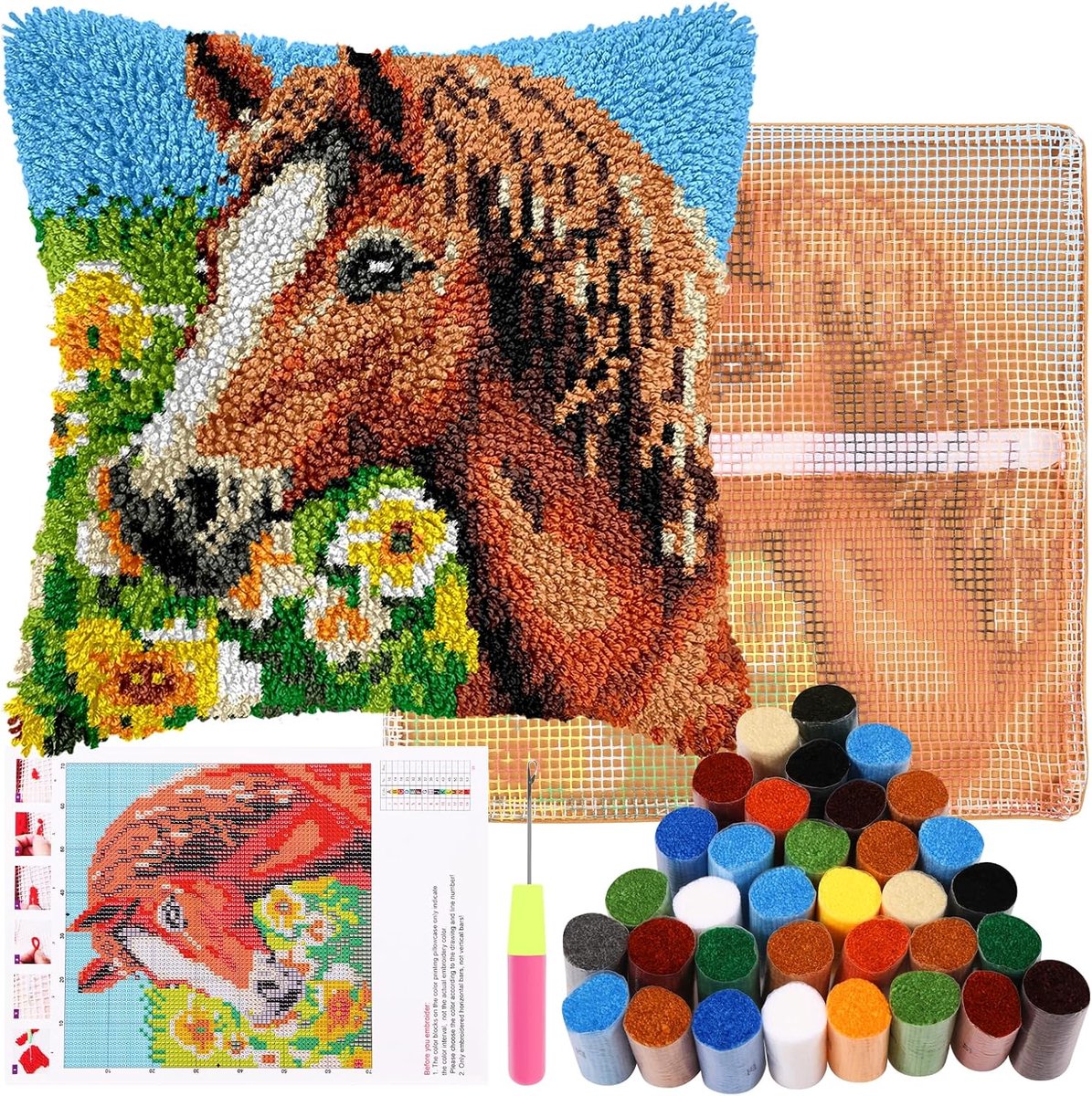 kussen sets Latch Hook kussenset voor kinderen of beginners volwassenen DIY klinkhaak kussenbeschermer tapijt borduurwerk set DIY knooptapijt knoopset voor thuis sofa decor 43x43cm (paard)