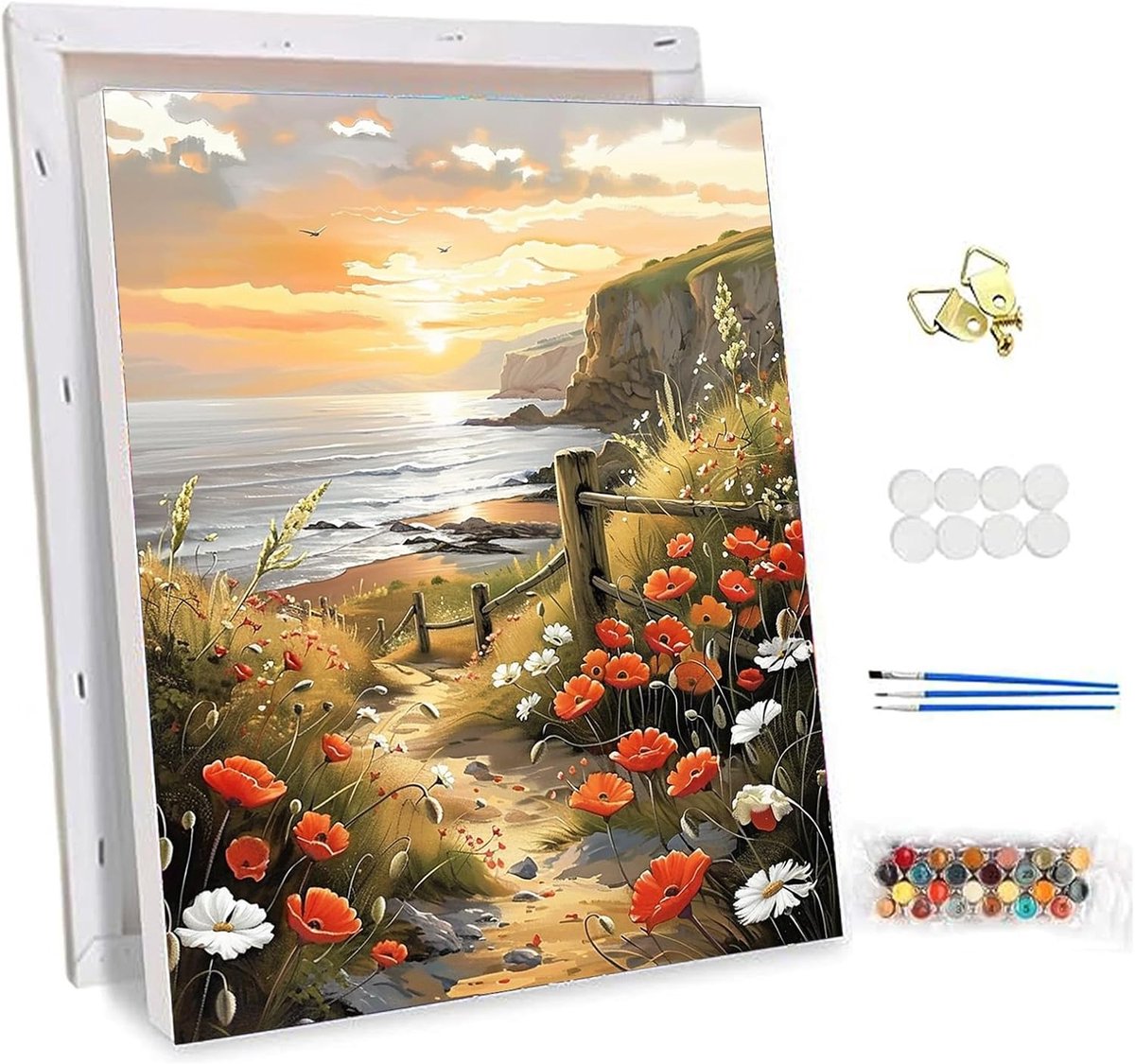 Zonsondergang Landschap Schilderen Op Nummer voor Volwassenen Met Lijst, Klaprozen Wilde Bloemen DIY Olieverf Schilderij Set, Acryl Verf Kunstwerk voor Woonkamer Huisdecoratie 30x40cm