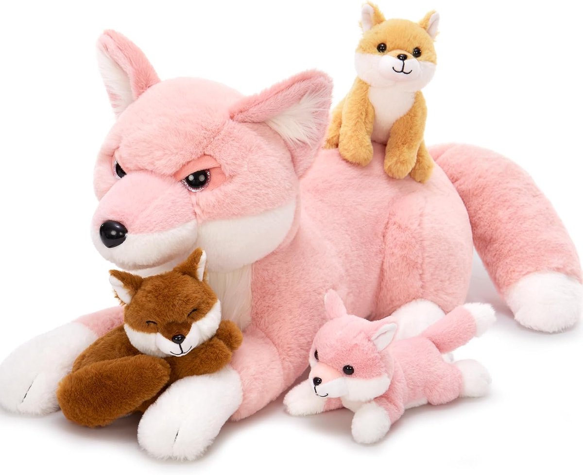 Groot vossenknuffeldier, XXL, met 3 baby's in de buik, 55 cm, reusachtig pluche vos, knuffeldier, zacht pluche knuffeldier, zacht gevuld dier, verjaardagscadeau of kerstcadeau voor jongens en
