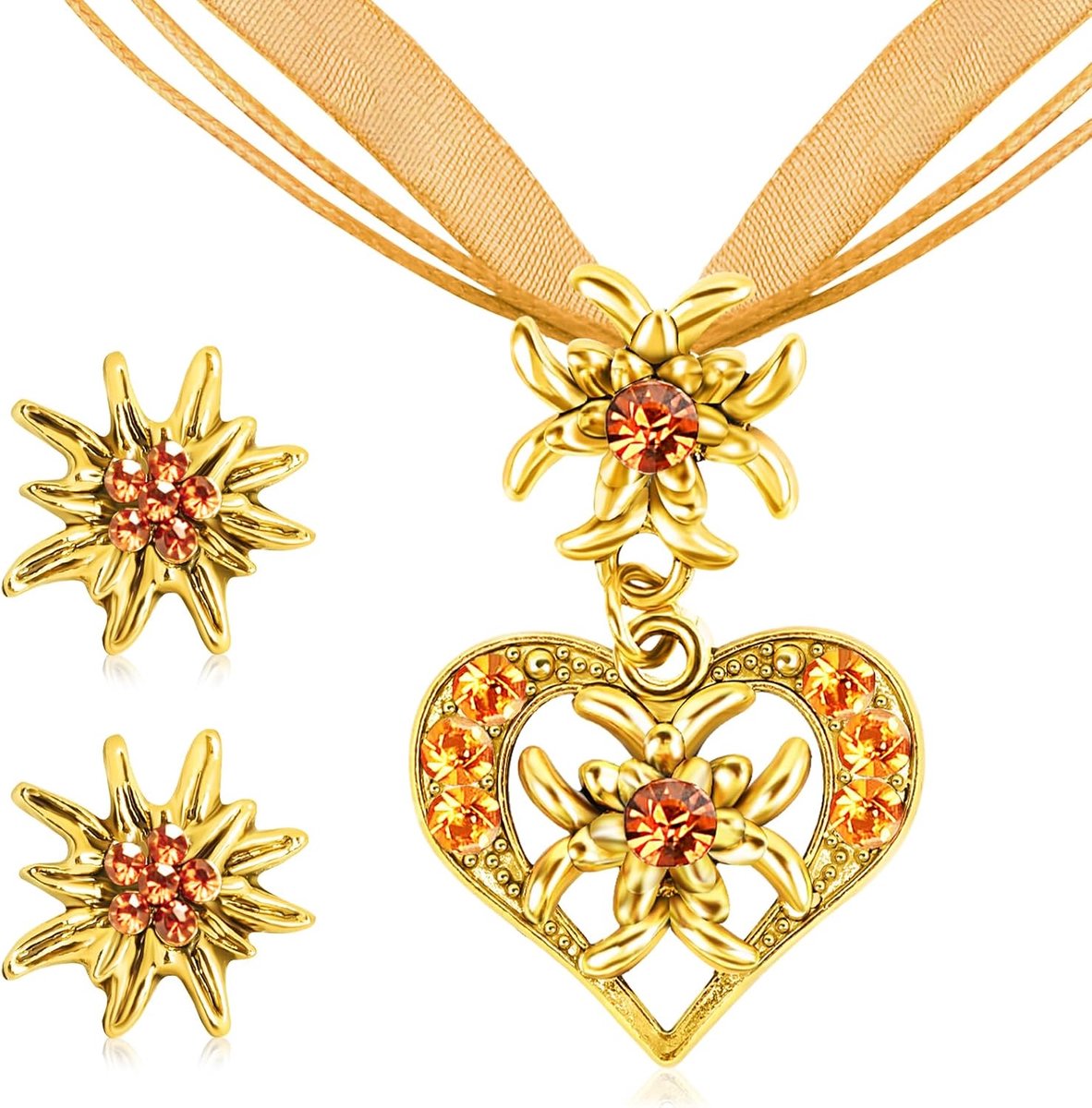klederdrachtsieraad voor dames, Beierse dirndl-sieraden, klederdrachtketting met edelweiss-hartvormige hanger en edelweiss oorstekers voor dames, bierfeest, klederdracht-outfit