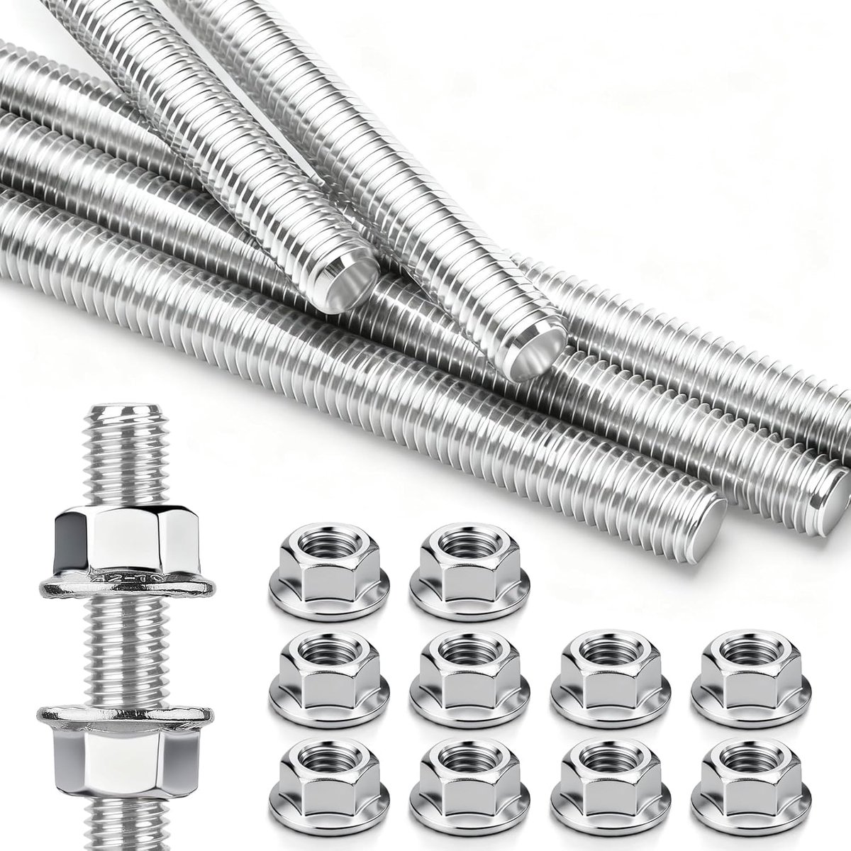 x 300 mm draadstang, 5 stuks draadstangen DIN976, draadstang M10 roestvrij staal, A2 V2A, volledige schroefdraad, met 10 stuks zeskantmoer voor bouwwerkzaamheden, meubelbouw