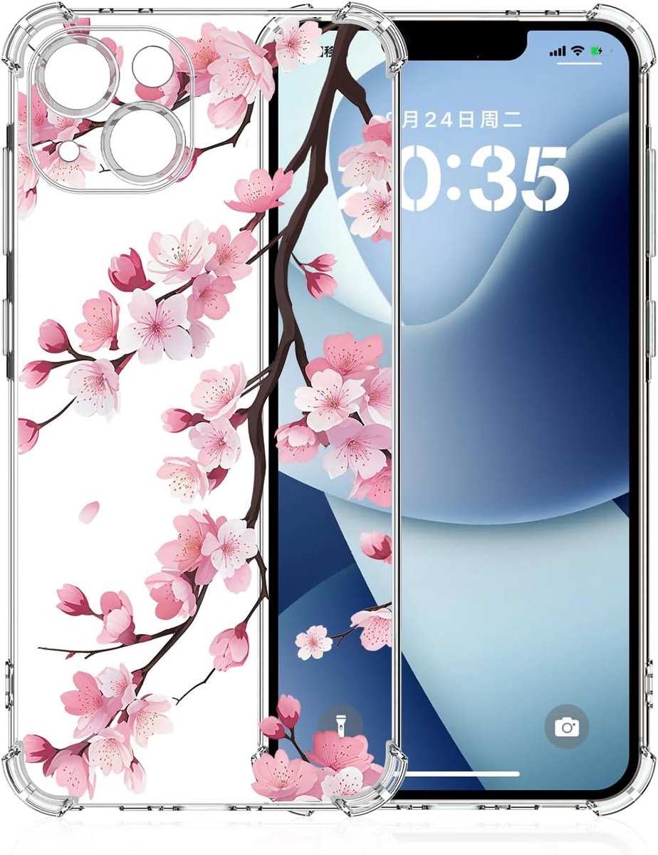 Hoesje voor iPhone 13, Transparante Heldere Zachte TPU-Hoes met Bloemmotief, Esthetisch Stijlvol Slank Flexibel Beschermend Schokbestendig Telefoonhoesje, Sakura