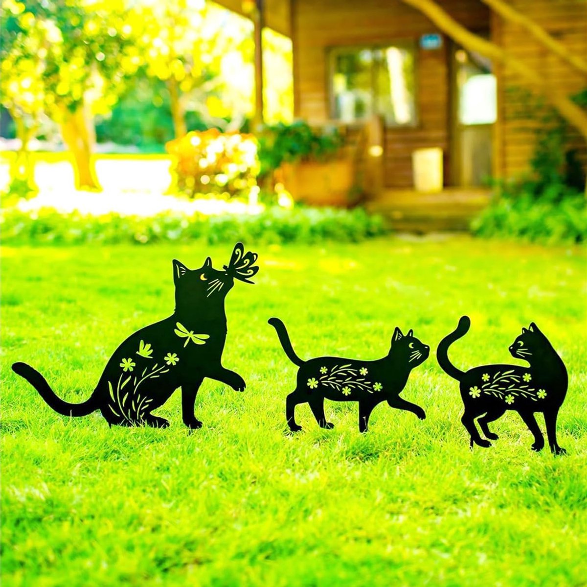 metalen tuinpalen voor katten, verpakking met 3 beelden met zwarte kat, voor terras, gazon, buitendecoratie, geschenken voor kattenliefhebbers (3 zwarte katten)