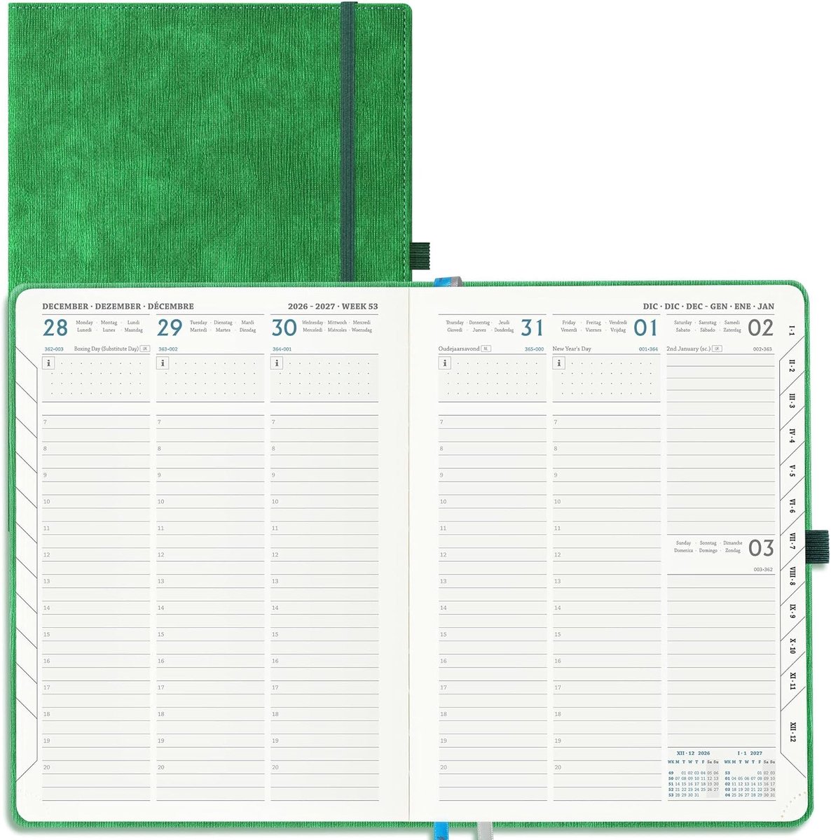 2026 2027: Weekagenda A4 Boekagenda(29 x 21,5cm) Schoolagenda 18 Maanden Verticale Weekplanner van Jul.2026 tot Dec.2027, 80 Grams Papier, PU Lederen Kaft, Groen