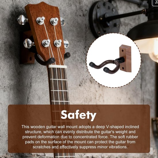 2 stuks hardhouten gitaarwandhouder, hangers: walnoothout, gitaarhouder voor aan de muur met siliconenslang en hardhouten basis, ukelele wandhouder voor akoestische gitaar, elektrische gitaren — afbeelding 4