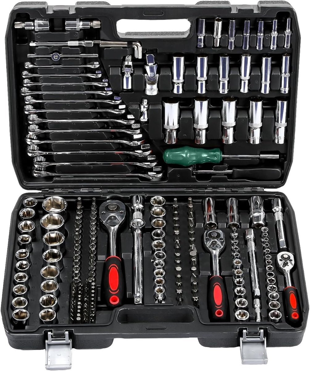 216-delige dopsleutelset, ratelkastset, met 1/2 inch 1/4 inch 3/8 inch ratel, Cr-V-steeksleutelset met ratelsleutel, ratelkast, gereedschapskoffer voor werkzaamheden aan fietsen en auto's