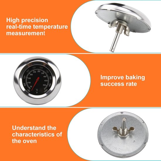 Thermometer voor Grill BBQ, roestvrij staal-roosterthermometer, barbecuethermometer, grilldekselthermometer analoog 50°C–500°C, roestvrij staal thermometer voor gasgrill, roker, pizzaoven, Weber Grill — afbeelding 3
