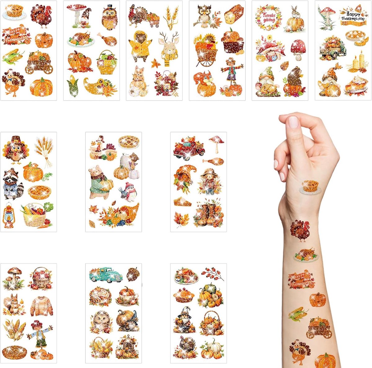 Tijdelijke tatoeages voor kinderen, 12 vellen glitter voor herfst, vakantie, tattoostickers met Turkije, pompoen voor jongens en meisjes, Thanksgiving feestdecoraties, gunstaccessoires