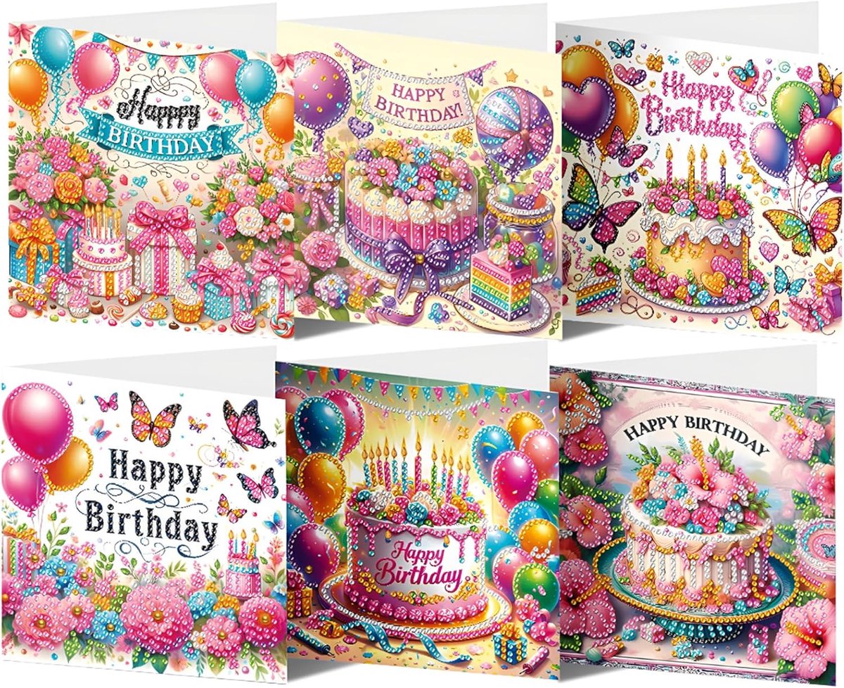 5D Diamond Painting Kaartenset, CAYUDEN 6 stuks DIY Diamond Painting Verjaardagskaart met Gereedschap en Enveloppen Diamond Art Schilderen Wenskaarten Voor Volwassenen en Kinderen Geschenken
