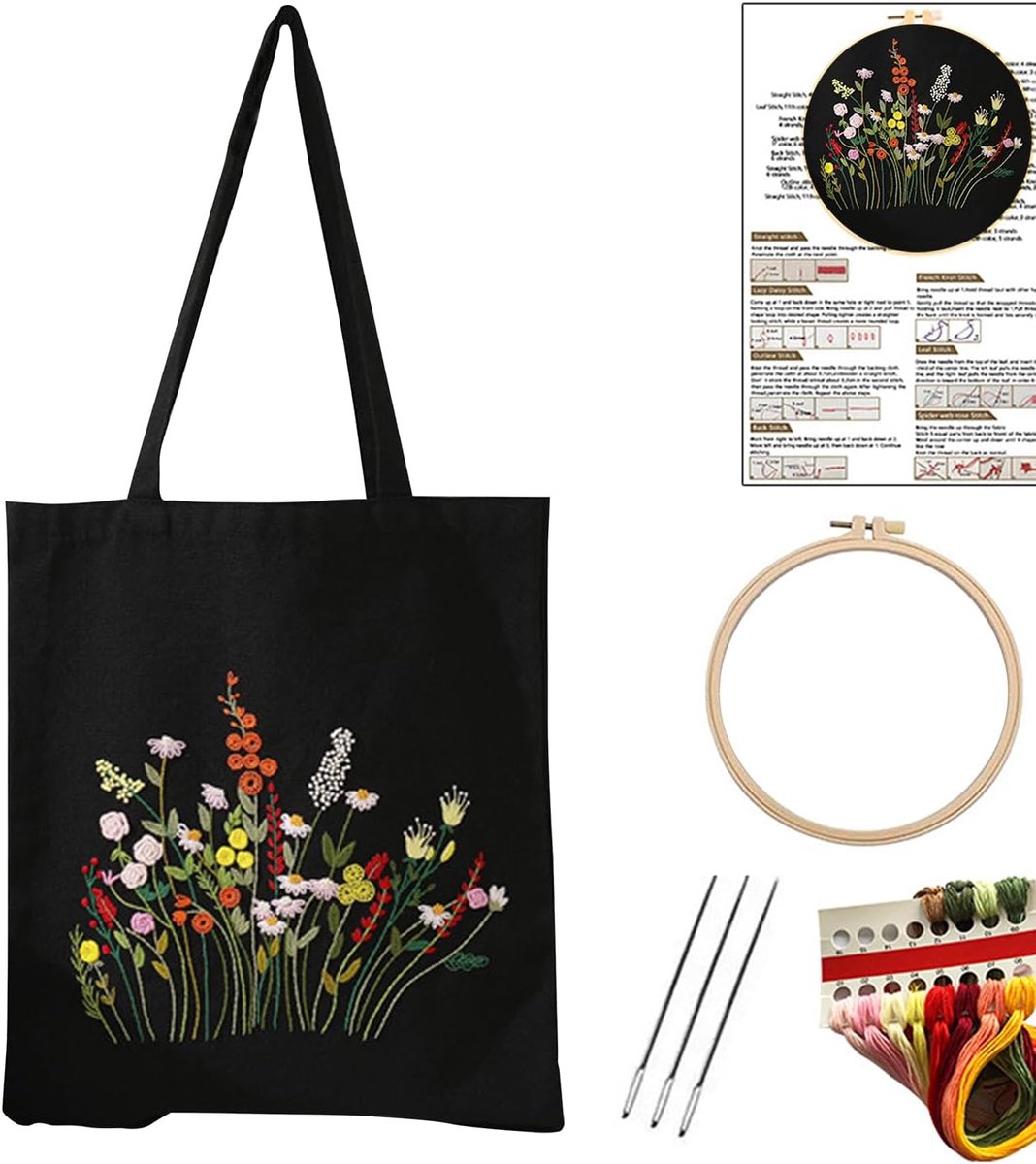 borduurwerk Set voor Canvas tas Handgemaakte Kit zwarte Wildflower Cross Stitch tas volwassenen met hoop, kleur draaden en gereedschap