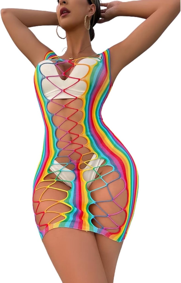 outfit dames netdessous-sets bodystocking doorzichtig visnet kleurrijke mesh jurk nettop bikini cover up kostuum voor carnaval clubwear rave