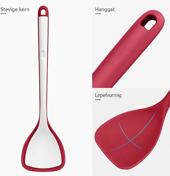 Extra Lange Siliconen Wokspatel (Rood) - 315 ℃ Hittebestendige Keuken Spatel van Voedselkwaliteit,Naadloos anti Aanbak Rubber Kookgerei voor Frituren Pannenkoeken vis — afbeelding 4